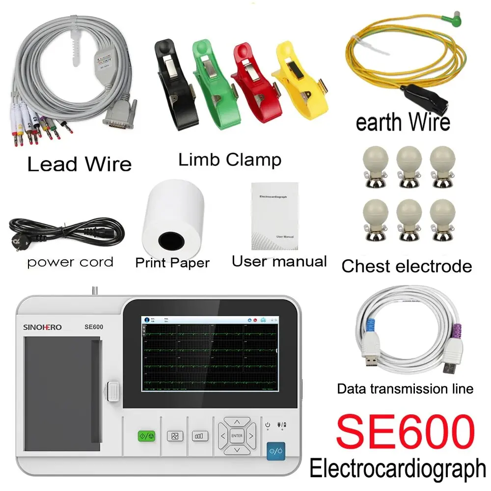 

SINOHERO SE600 Цифровой Электрокардиограф 6-канальный 12-проводной ЭКГ-аппарат, 8-дюймовый сенсорный экран, монитор сердечного ритма EKG + программный принтер