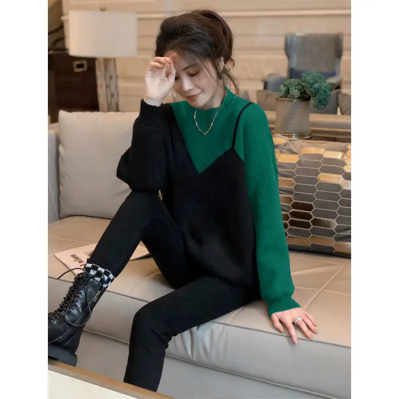 

Black fake two-piece pullover sweater women design fashion trendy top spring and autumn 2022 new long sleeve pullover sweater