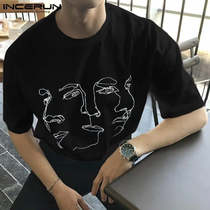 

Футболка INCERUN мужская с круглым вырезом, модная универсальная рубашка с принтом лица, Повседневная Уличная одежда в Корейском стиле