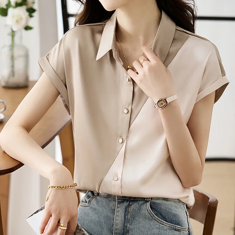 Женский офисный топ с коротким рукавом атласная блузка контрастных цветов