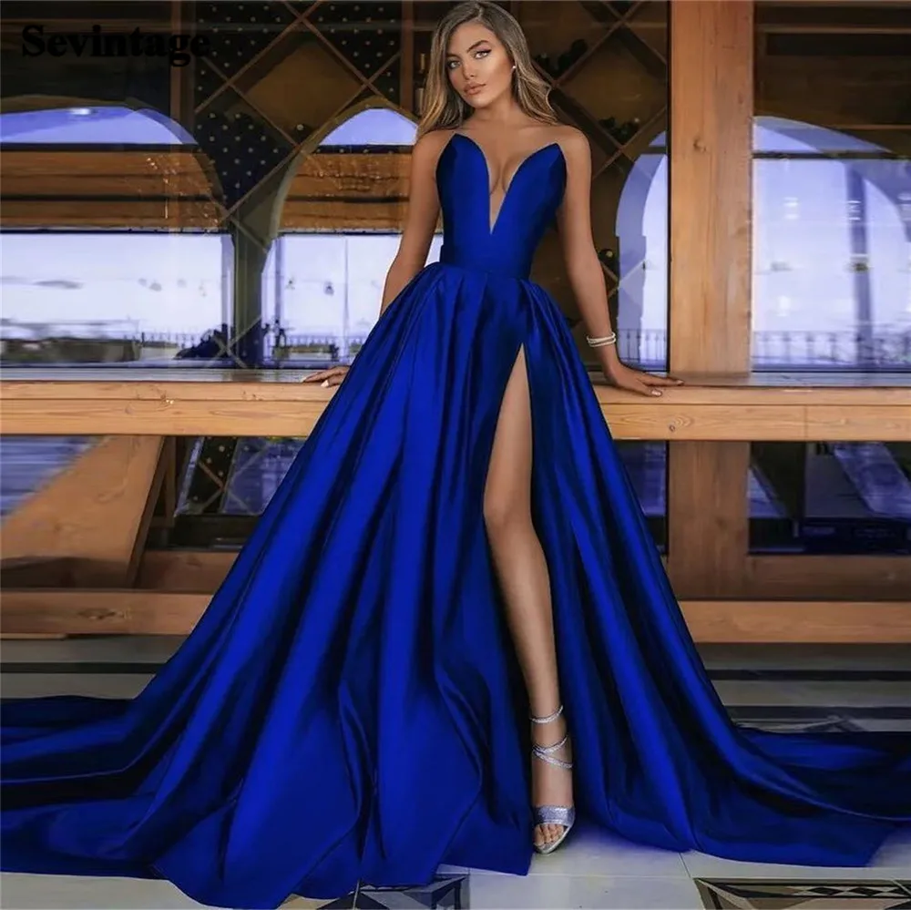 

Sevintage Simple Saudi Arabic Evening Dresses A-Line Strapless Deep V-Neck Formal Prom Gowns High Side Slit Women Party Dresses