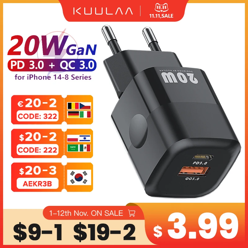 KUULAA 20W GaN PD USB C ładowarka dla iPhone 14 13 12 11 Pro Max mini SE telefon QC 3.0 PD 3.0 USB typ C szybkie ładowanie dla iPad Air 1 KUULAA 20W GaN PD USB C ładowarka dla iPhone 14 13 12 11 Pro Max mini SE telefon QC 3.0 PD 3.0 USB typ C szybkie ładowanie dla iPad Air 1