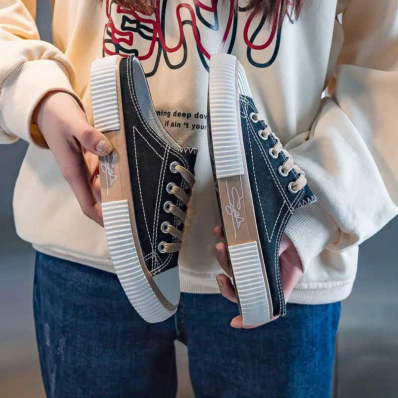 Women's Biscuit Canvas Shoes Student Korean Summer New Canvas Half Slippers Ulzzang All-match Sneakers Breathable Half Slippers