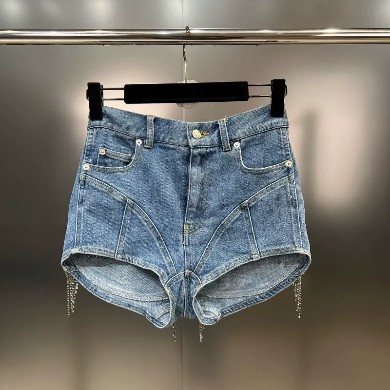 2023 Summer Denim Shorts Heavy Industry Diamond Tassel Back Pocket Stitching Slimming European Style Street Fashion Jeans Shorts