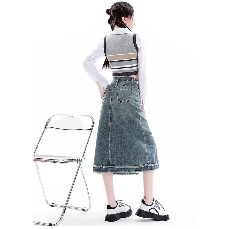 Real time shoot of denim skirt for women in summer retro blue commuting versatile fashion high waistband buttocks a short skirt