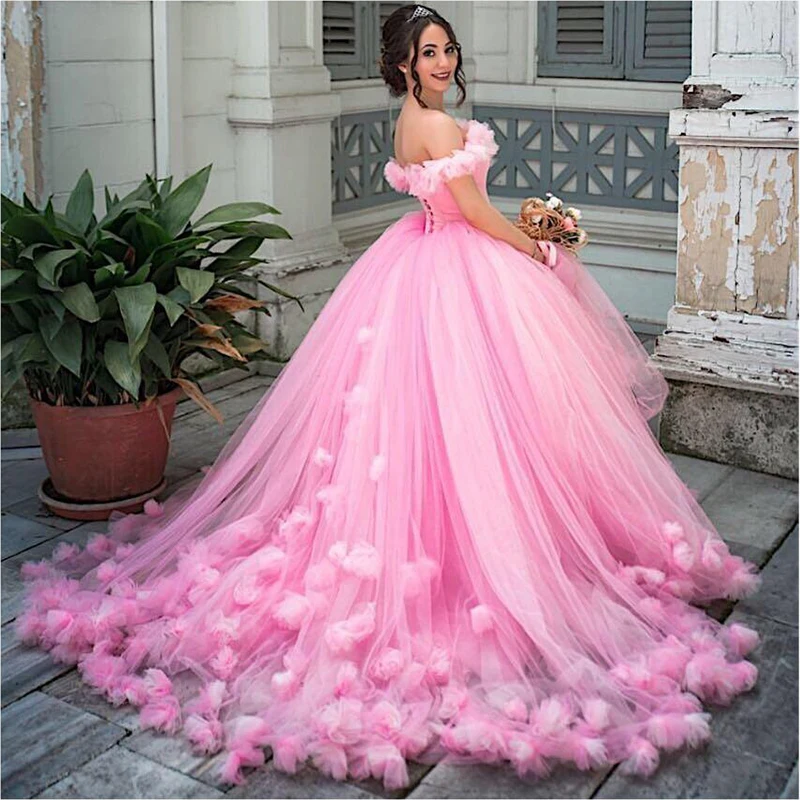 

Princess Puffy Ball Gown Quinceanera Dresses 2019 Pink Tulle Masquerade Sweet 16 Dress Backless Prom Girls vestidos de 15 anos