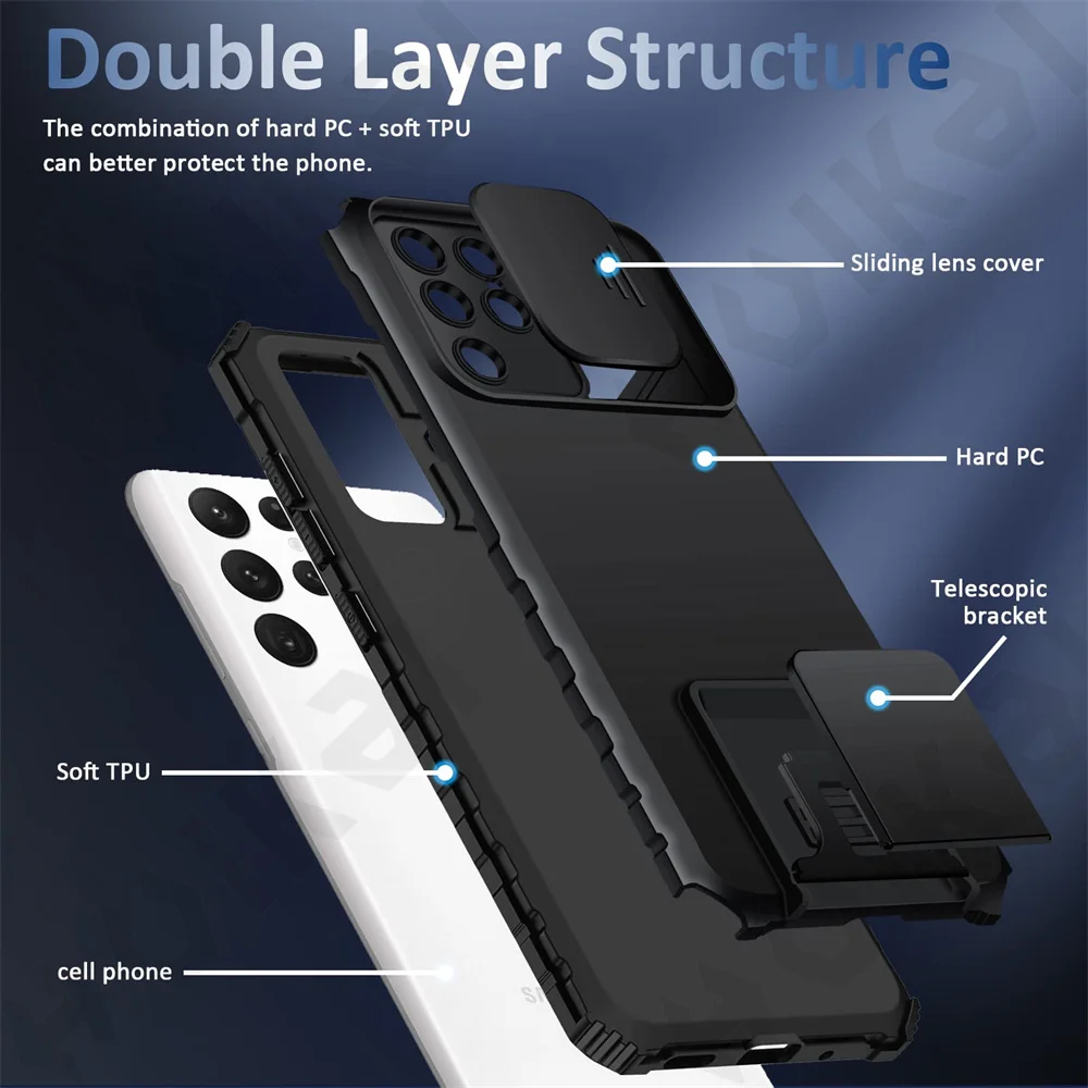 Case For Samsung S23 S22 Ultra S21 S20 FE Galaxy A53 A23 A73 A33 Slide Camera Kickstand Protective Shockproof Ring Phone Cover
