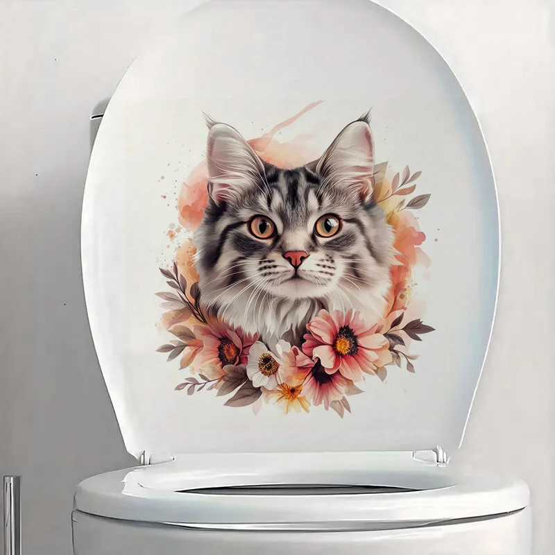 Фото MT892 #   Наклейки с цветочными котятами, съемные наклейки на стену для туалета, виниловые наклейки для декора ванной комнаты, для использования на улице и в помещении №3