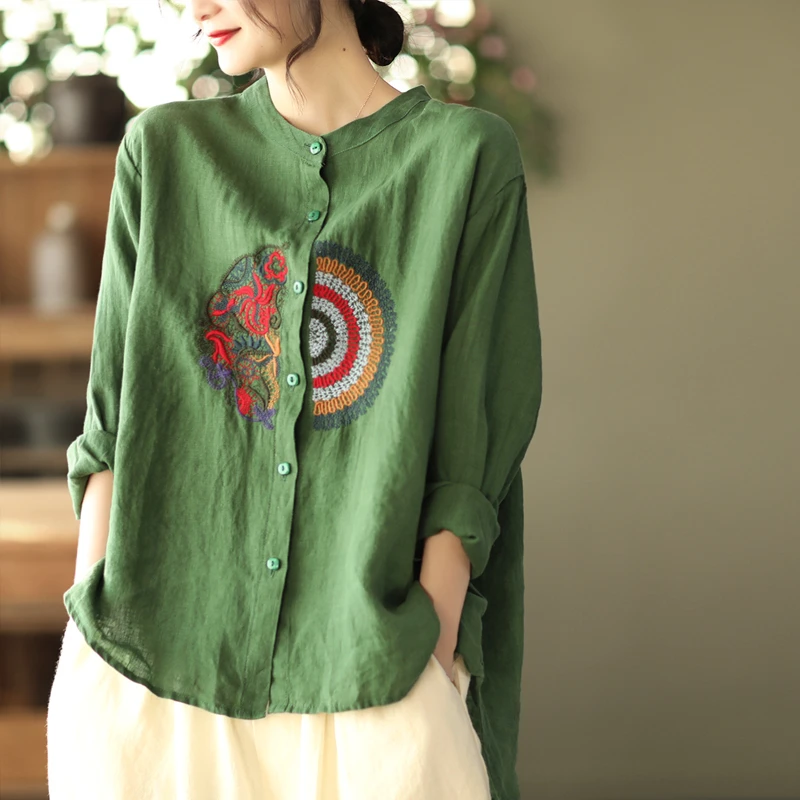 

Cotton Linen Women's Shirts Embroidery Chinese Style Blouses Loose Long Sleeve FASHION Ladies Clothing New Summer O-necks Tops