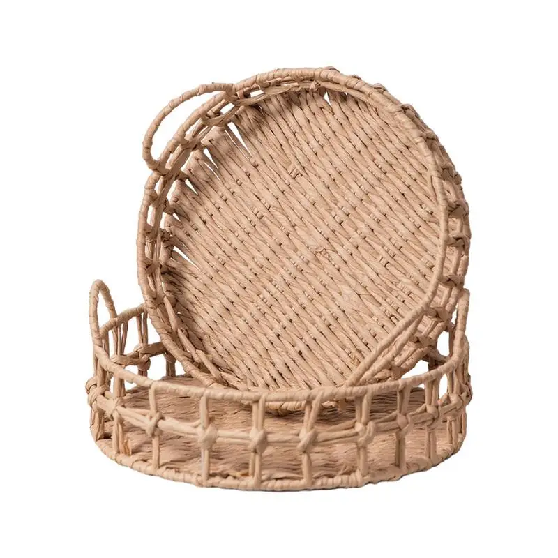 

Woven Fruit Baskets Round Storage Bread Paper Rope Baskets Bin Handwoven Portable Laundry Bin Basket with Handles