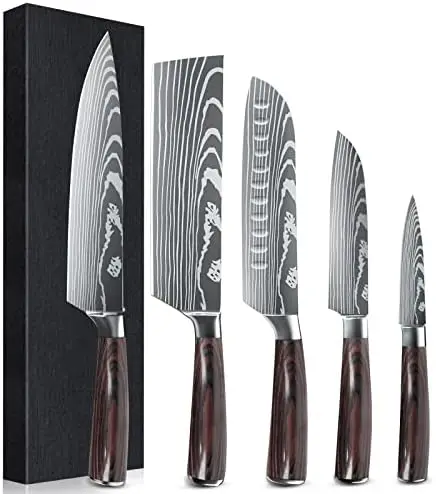 

Knife Set 5 piece, Chef Knife Santoku Cleaver Paring Knives High Carbon Steel, Pakkawood Handle for Vegetable Meat Fruit