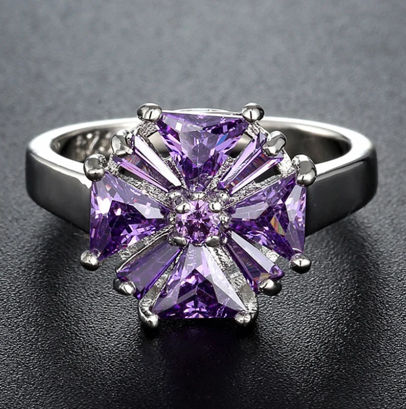 

ANGLANG Luxury Women Engagement Rings AAA Purple Cubic Zirconia Proposal Rings for Girlfriend Fine Anniversary Gift