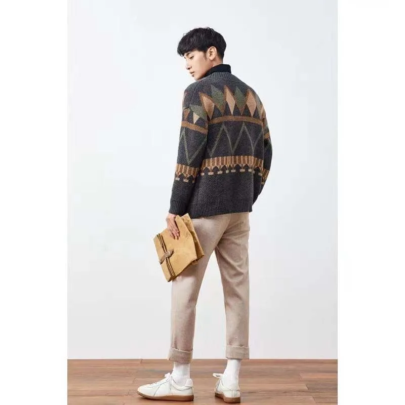 Contrast Color Jacquard Men's Sweater Jacket Retro Style 2022 Spring And Autumn New V-neck Knitted Cardigan Top