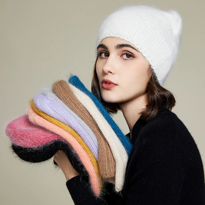 

10 colors solid color rabbit fur Winter Hat for woman long hair Warm cap Simple High Quality soft Winter Beanies