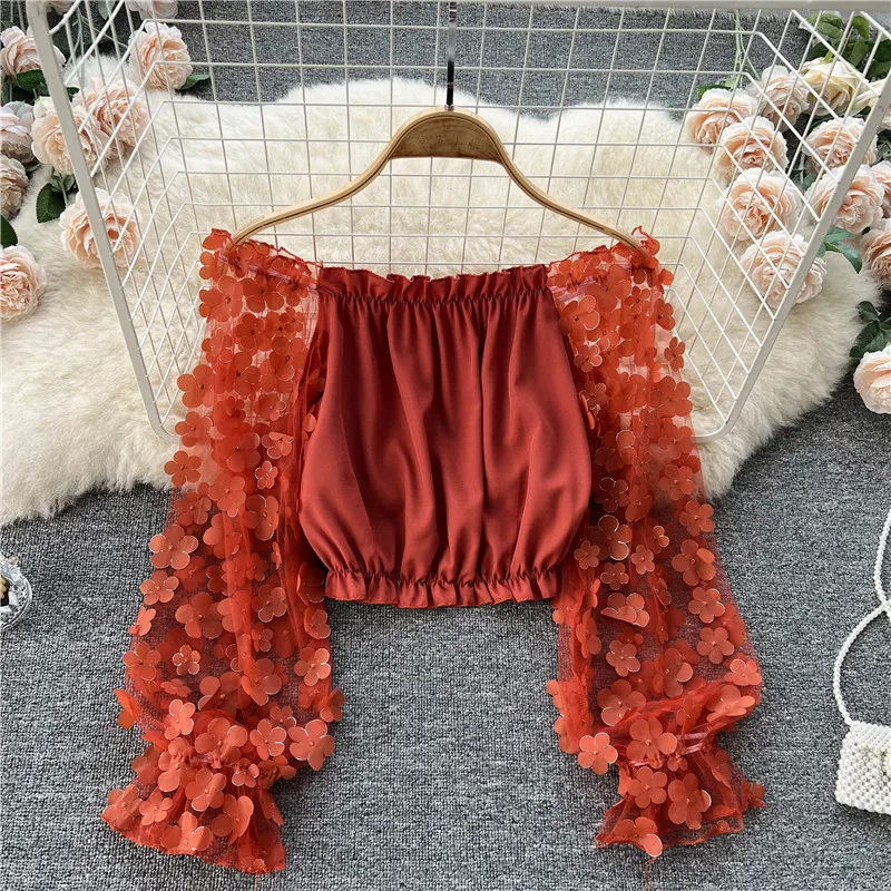 

Sexy Off Shoulder Blouse Women Slash Neck Mesh Flower Long Sleeve Slim Shirts 2022 Spring Fashion Korean Short Tops