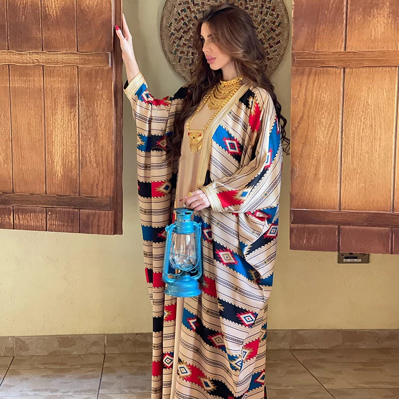 Batwing Stripe Abaya Set Eid For Women 2022 2 Piece Matching Open Muslim Plus Size Abaya Dubai Moroccan Caftan Jalabiya Dresses