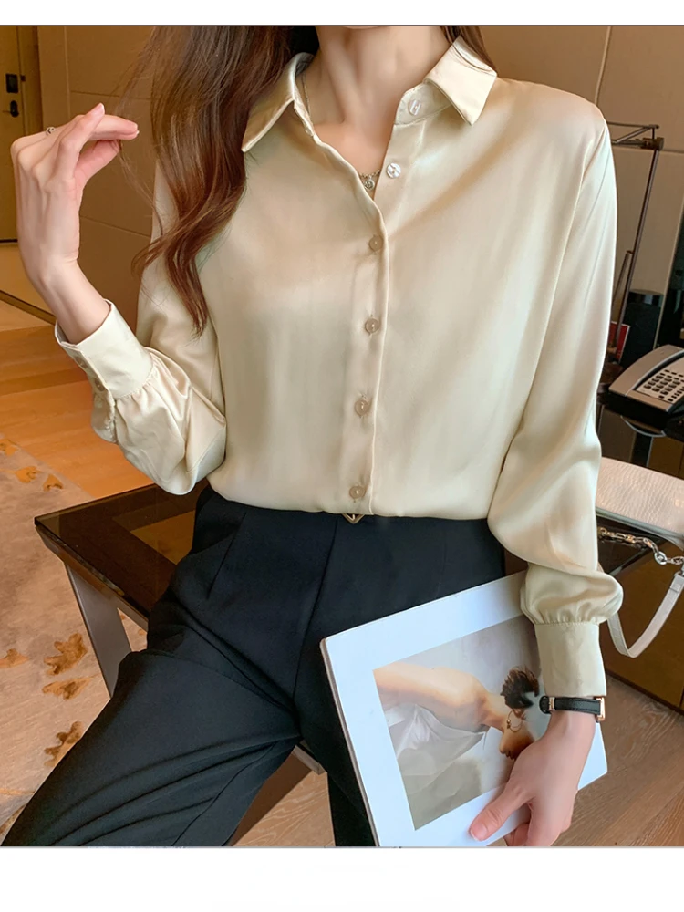 Женская атласная блузка с длинным рукавом Однотонная рубашка лацканами в