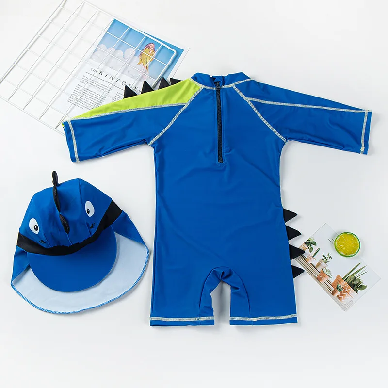 Swimsuit for Kids Boys Dinosaur Print Children's Swimwear with Long Sleeves Sunscreen Cap UV Swimming Suit Summer Beach Clothes