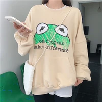 women o neck thin loose casual sweatshirts with big pocket cute frog printed pullovers spring autumn mid length leisure pullover