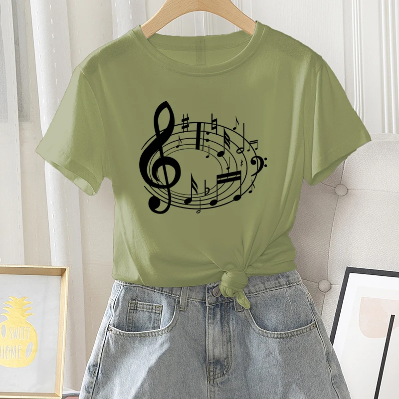 

Women Casual Fashion Summer Streetwear Female Regular Graphic Short Sleeve Musical Note Print Ladies T-shirt Round Neck Tee Tops