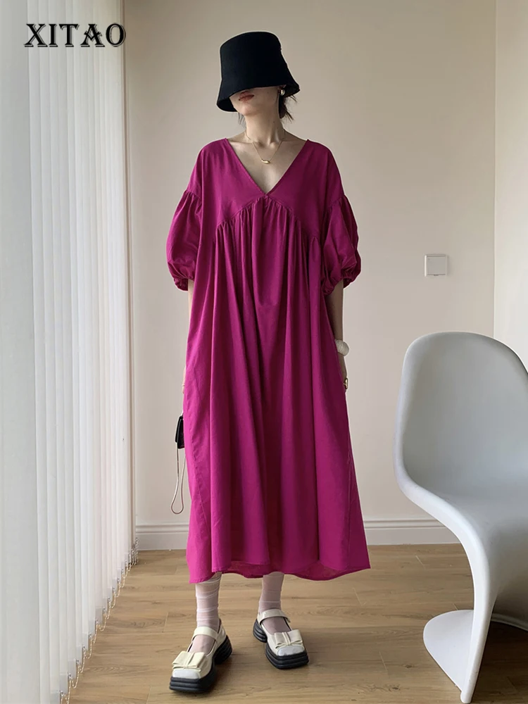 XITAO Loose Folds Dress Causal Fashion V-neck Collar Simplicity Half Sleeve Dress Summer New Temperament Women Dress DMJ1522