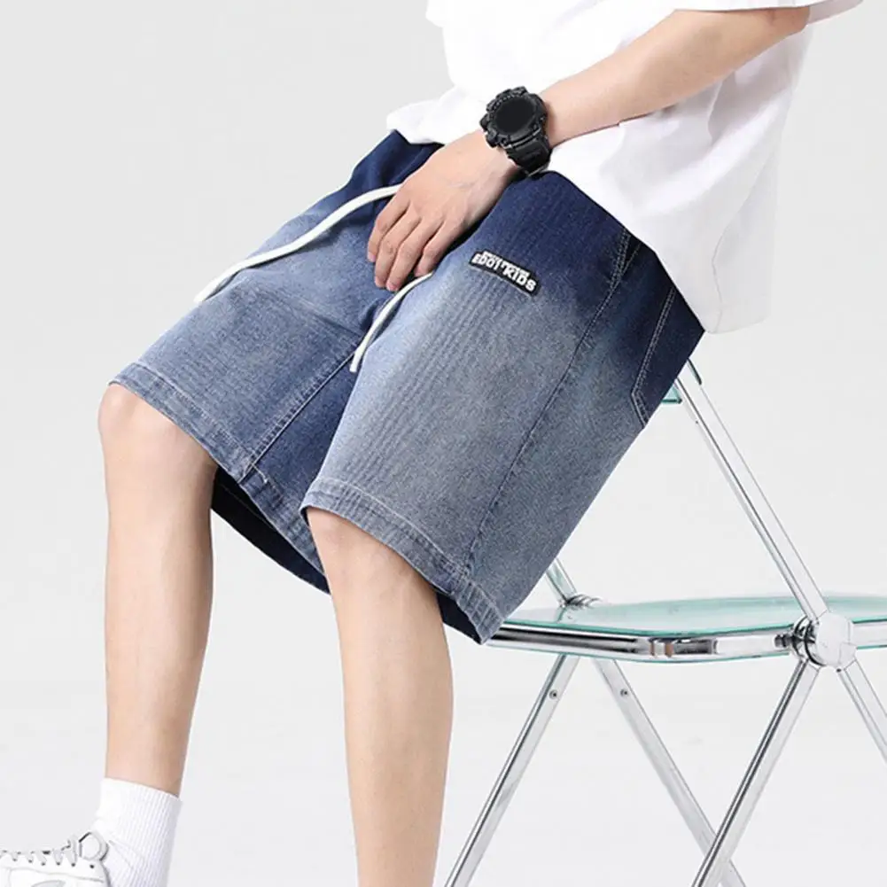 

Men Summer Shorts Elastic Waist Drawstring Wide Leg Jeans Short Gradient Color Deep Crotch Pockets Loose Short