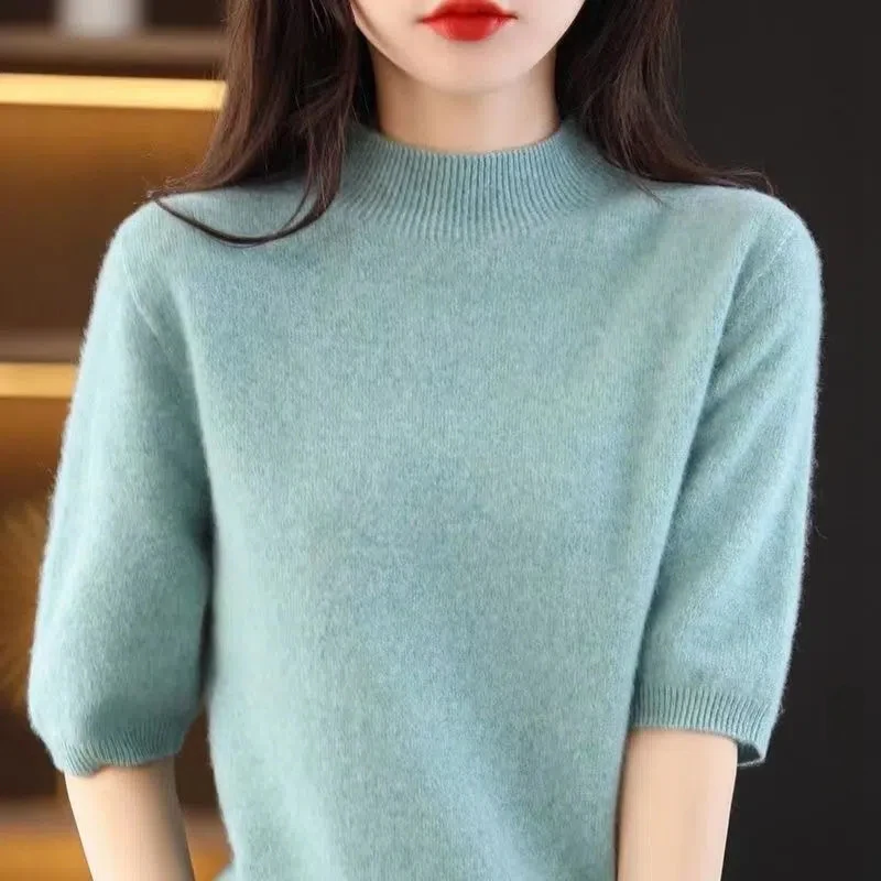 

Half Sleeve Half High Knitted Pullover Sweaters Women Spring Summer Loose Sweater Tops Solid Color Fashion Slim Sweater T-shirt