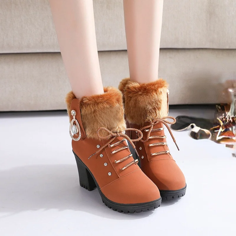 

Autumn Winter New Woman Ankle High Heels Boots Women Shoes Ladies Thick Heels Boots Women Platform Rubber Shoes Snow Boots