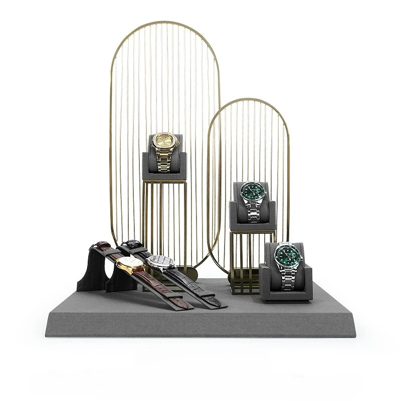 Фото Новая высококачественная серая подставка для ювелирных изделий, сумка с двойной подушкой, подставка для часов, прямоугольная металлическая задняя панель, реквизит для ювелирных изделий №2
