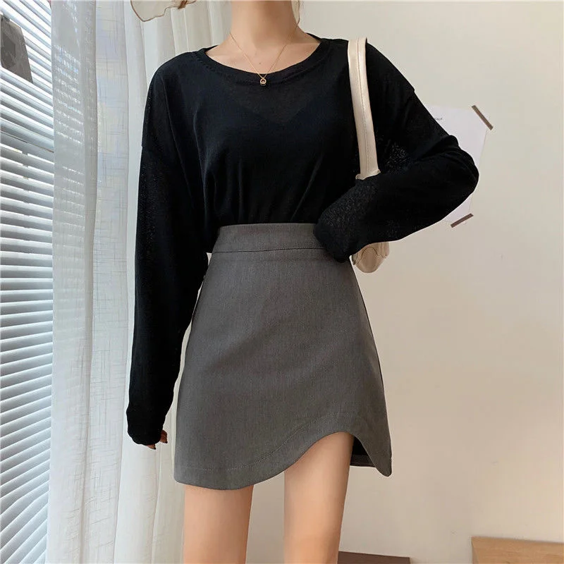 

Fashion Skinny Vintage High Waisted A-line Elegance Irregularmini Skirts Casual Clothes Women Korean Solid