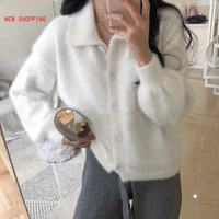 winter thicken warm women mohair sweater autumn lapel single breasted ladies knitted soft mink cardigans casual outwear white