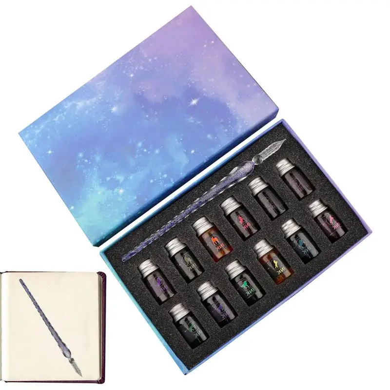 

Starry Sky Crystal Glass Pens Calligraphy Dip Pen With 12 Colors Inks Glitter Powder Fountain Pens Colors Ink Gift Box Writing