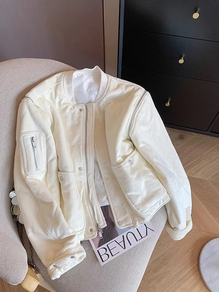 Высококачественная однотонная куртка с воротником-стойкой на молнии хлопковой