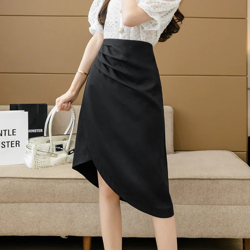 

2022 New Irregular Design Skirt Women's Summer High Waist Pleated Midi Skirt Womens A- Line Skirt Femme Vintage