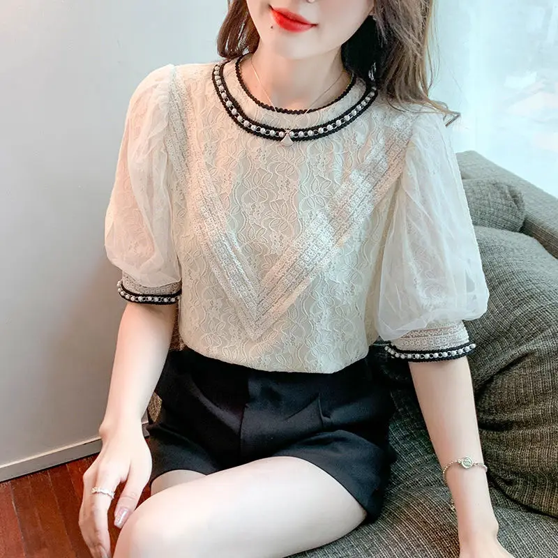 

Женские летние модные свободные рубашки с коротким рукавом 2022, Женская однотонная блузка, топы, Дамский кружевной пуловер с круглым вырезом...