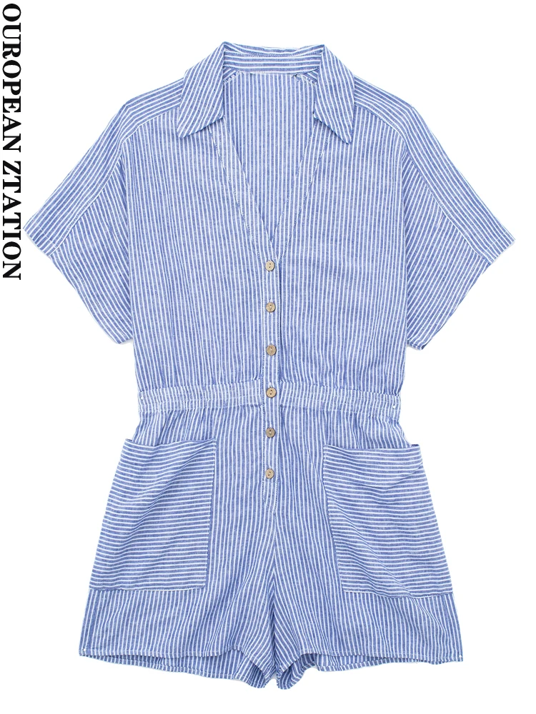 PAILETE Women 2023 fashion with pockets striped linen playsuits vintage short sleeves elastic waist female jumpsuits mujer