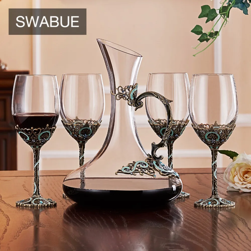 

Creative Enamel Wine Glass Classic Goblet Crystal Glass Bar Set 4x 12oz/350ml Wine Glasses 1x 52oz/1500ml Decanter
