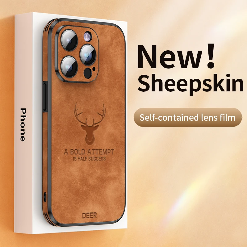 

Luxury Deer Leather Phone Case For iPhone 14 13 12 Pro Max Lens Glass Bumper Shockproof Silicone Cellphone Cover Fundas Coque