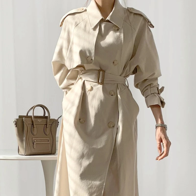 Женский двубортный длинный Тренч повседневное элегантное Свободное пальто на