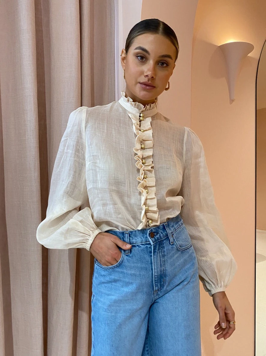 

Women Ruffles Collar Long Sleeve Agaric Side Single Breasted Linen Shirt Top