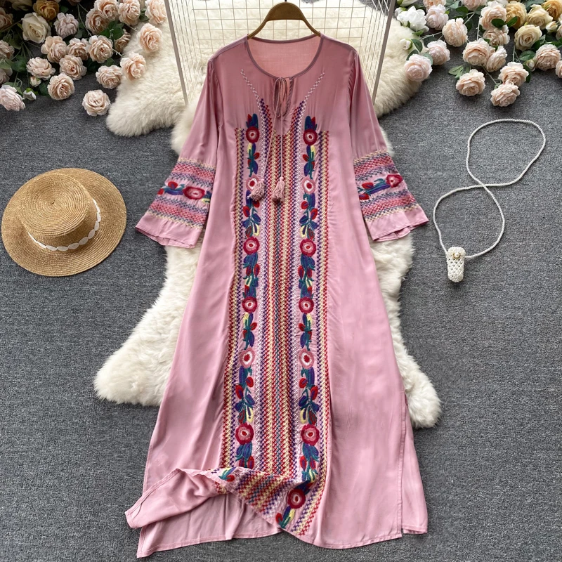 

floral 2023 white dresses summer vintage retro long sleeve maxi sale hippie beach ethnic blue embroidered dress ethnic