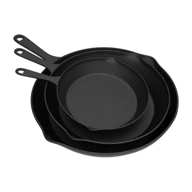 

Pans-Set of 3 Cast Iron Pre-Seasoned Nonstick Skillets in 10”, 8”, 6” by