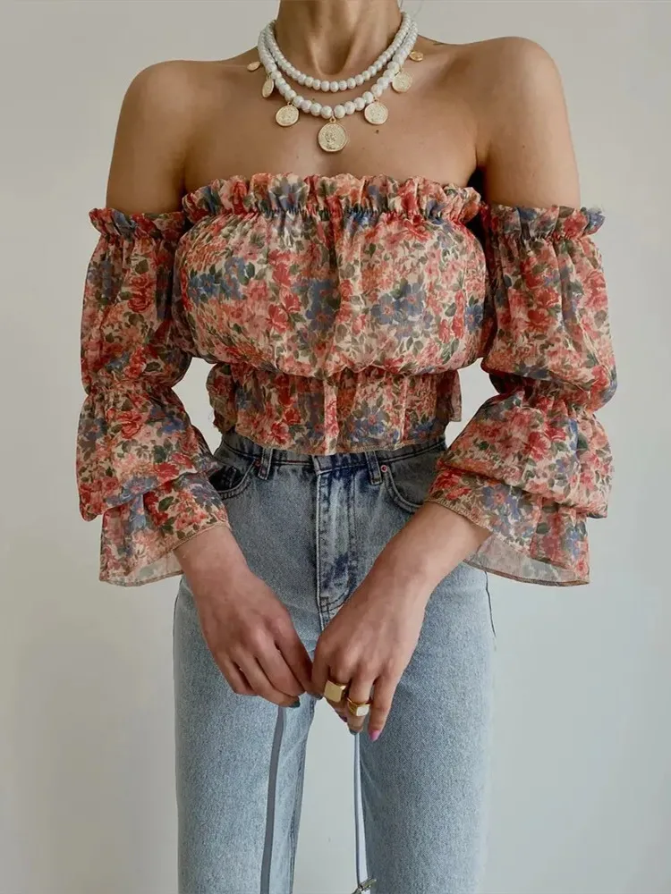 

Mandylandy Floral Print Off Shoulder Bell Sleeve Chiffon Top Women Summer Bohemian Sexy Corset Shirt Streetwear