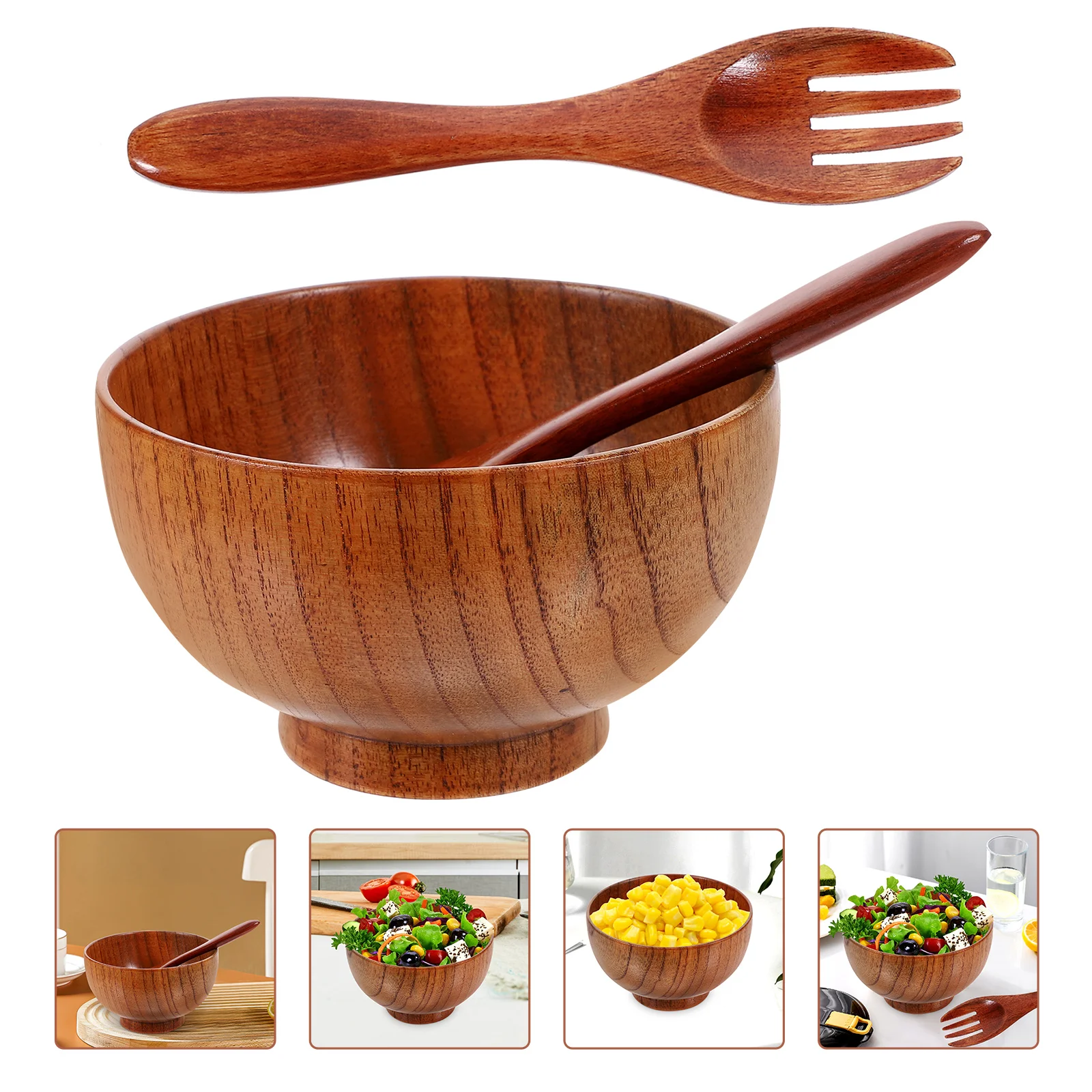 

Wooden Cutlery Salad Bowl 3 Piece Set Bowls Serving Fruit Kitchen Counter Small