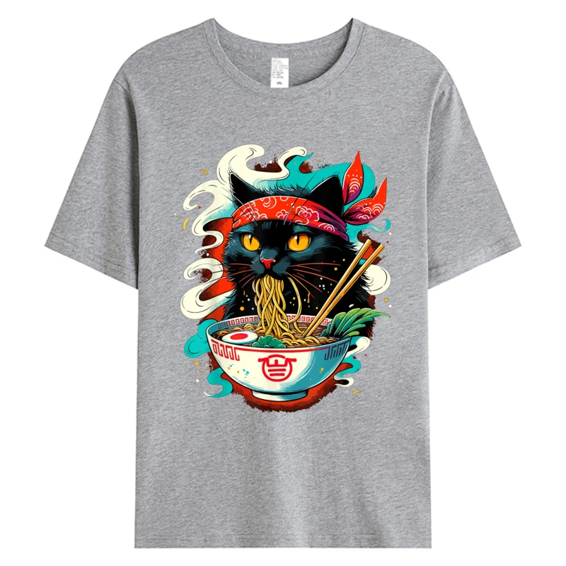 Фото Футболка Cat Ramen Noodle японского аниме Kawaii Cats, мужская футболка из хлопчатобумажной ткани с принтом, футболки, мужская одежда, повседневная посадка, скидка №3