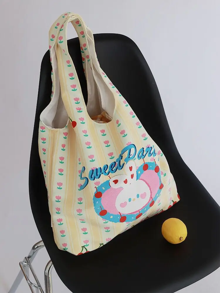 Cartoon Print Canvas Tote Bag for Women Large Capacity Student Commuter Bag Ladies Casual Shopping Tote Bag Bolso Mujer