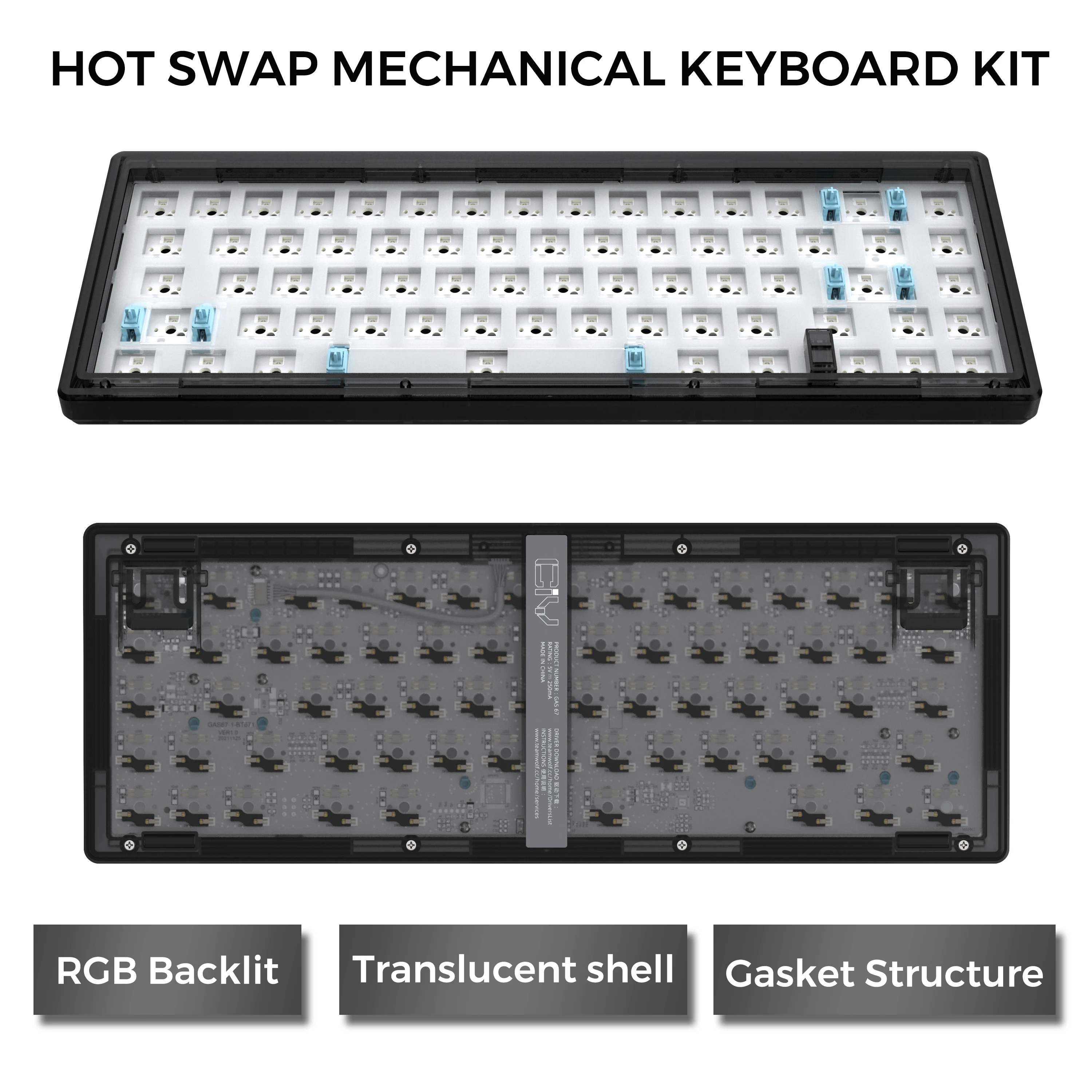 

Комплект механической клавиатуры GAS67 с горячей заменой на заказ, прокладочная конструкция типа C RGB, совместимая с 2023 контактами для Cherry Gateron, 3/5