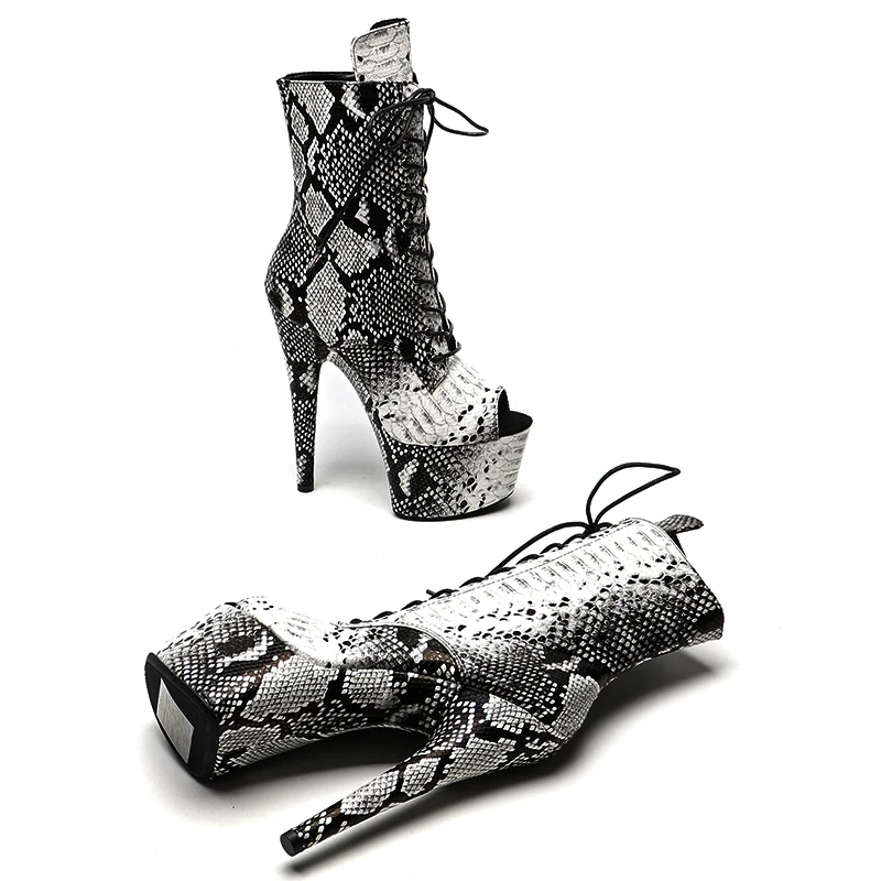 Leecabe  17CM/7inches Snake PU Upper  High Heel platform Boots Open  toe Pole Dance boots