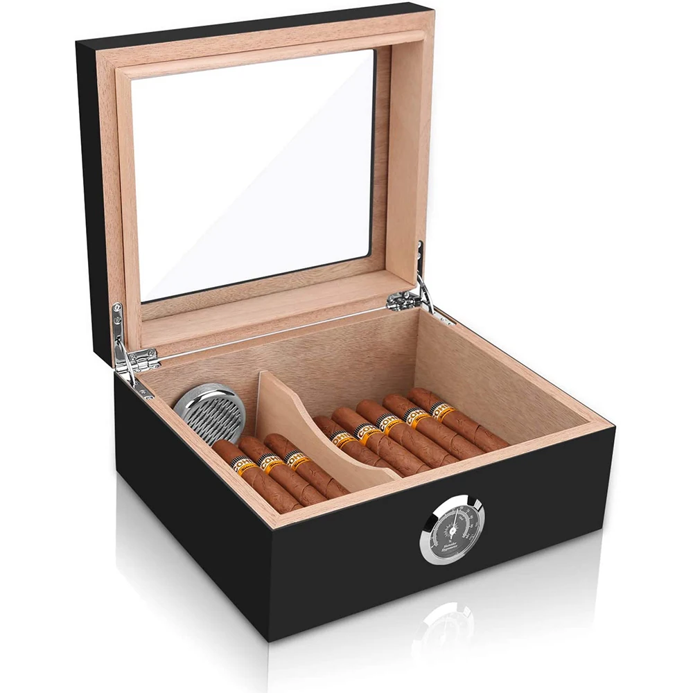 Humidor, Spanish Cedar Wood Humidor Tabletop Box, Glass Top, Holds 25-50 Cigars Luxury Hygrometer and Humidifier