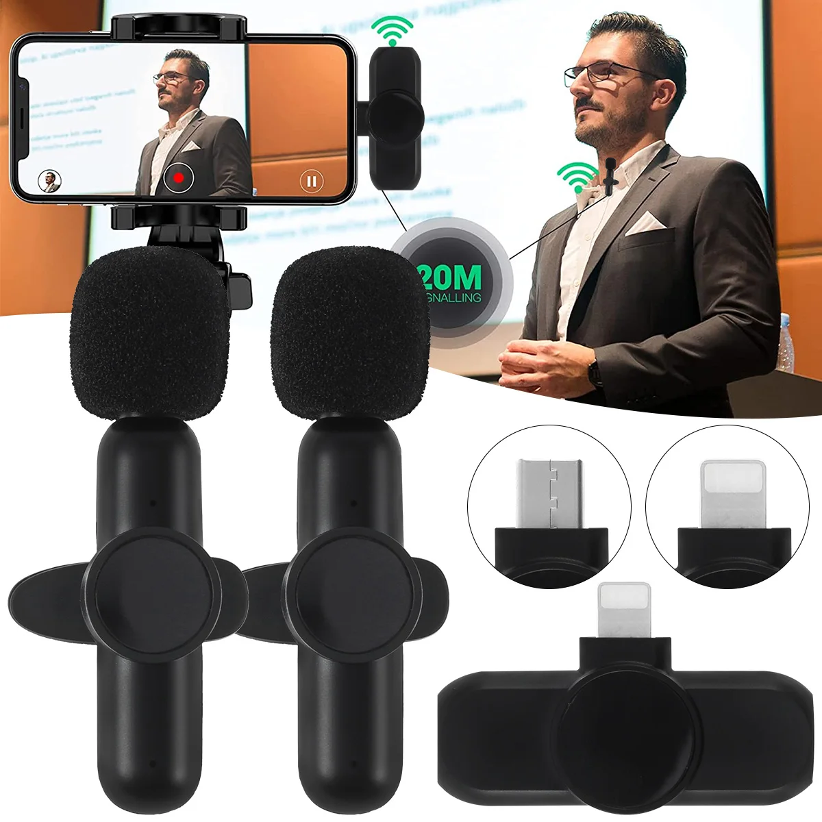 

2pcs Wireless Lavalier Microphone with Receiver Stereo Sound Lapel Noise Reduction Rechargeable Clip-on Shirt Lapel Mini Mic